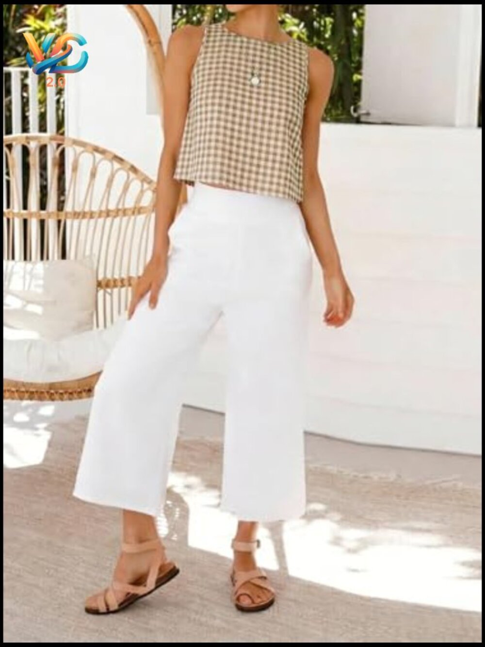 Gingham Crop Tank Top Sleeveless High Neck Summer Y2K Casual Beach Tops - Picture 3 of 4